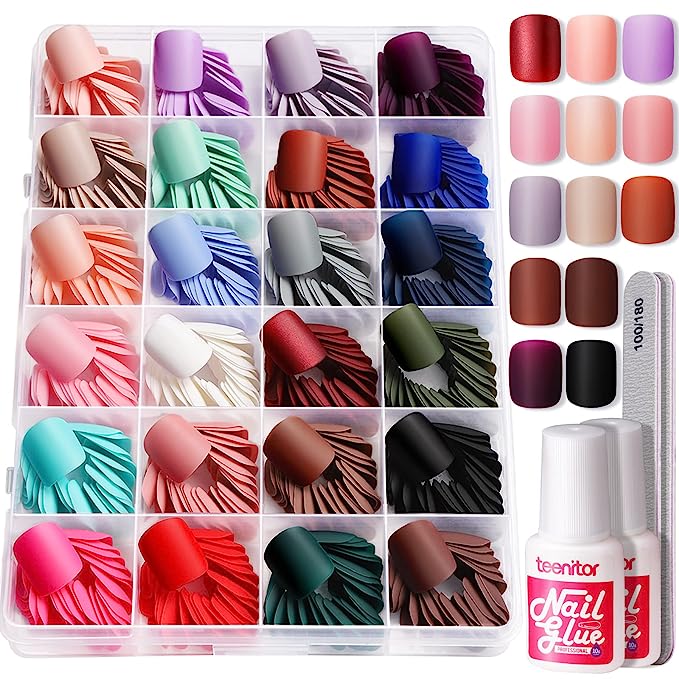 Short Square Press on Nails, Teenitor 576pcs Matte Short Fake Nails with Nail Glue, 24 Colors