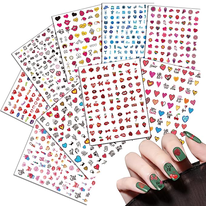 18 Sheets Nail Art Stickers for Women Girls Kids, Panda Lips Sunflower Love Heart Fruit Self-Adhesive Nail Stickers for Nail Art Decoration with Tweezers and Sticks