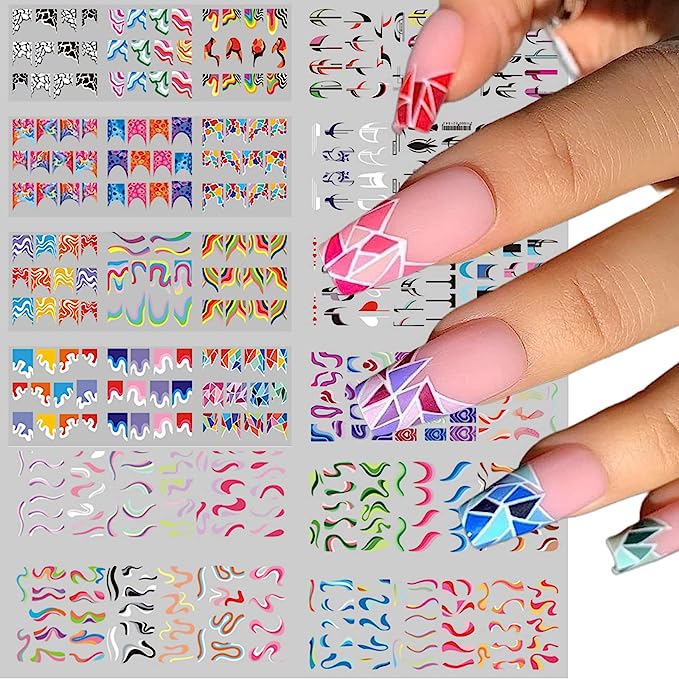 36 Sheets Colorful Stripes Nail Art Stickers Water Transfer Nail Decals Rainbow Geometric Nail Stickers for Nail Art Decoration Watermark Nail Designs Accessories Acrylic Nail Supplies